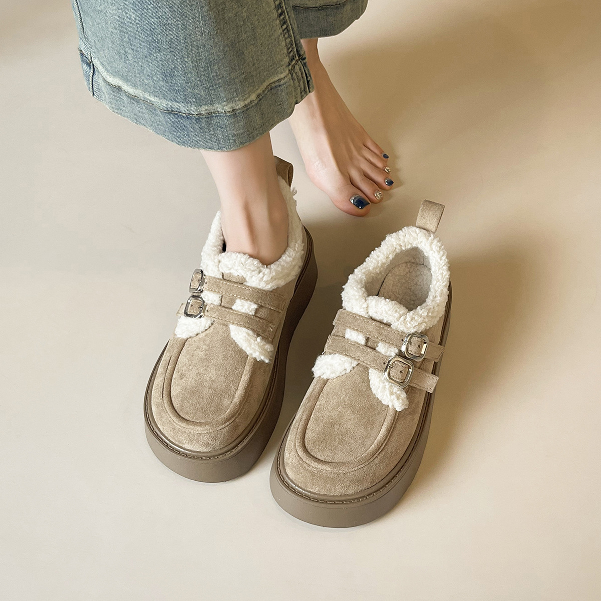 WW-YW64 | Suede & Cork Winter Shearling Fur-Lined Chunky - Jinjiang Wideway Import & Export Co., Ltd.
